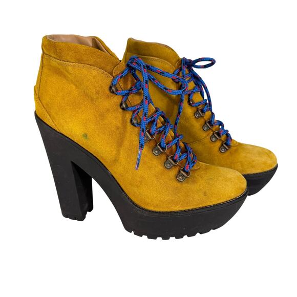 Polo Ralph Lauren Women 41 US 11 Yellow Lace Up Platform Heel Helene Ankle Boots - Picture 1 of 16